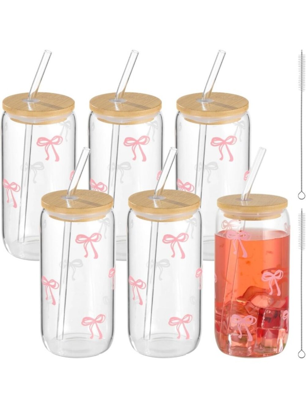 Set of 6 Cute Pink Glass Tumblers with Lids & Straws - Perfect for Iced Coffee